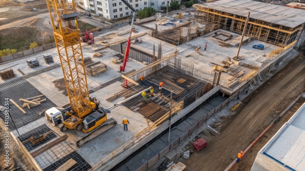 Poster A medium closeup of a construction site captured from the drones perspective revealing intricate details of materials and machinery in use highlighting progress monitoring