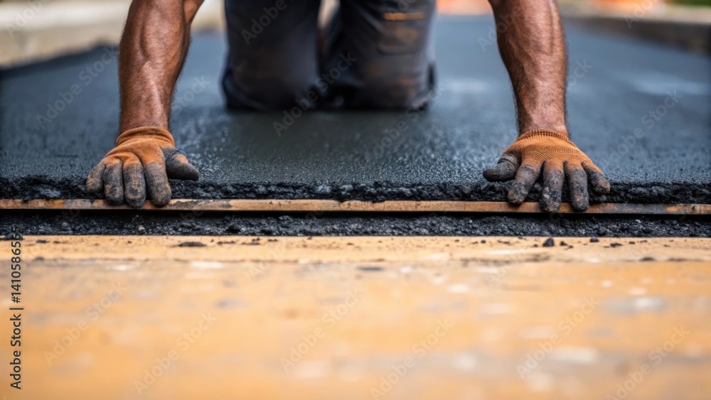 Poster a medium closeup of a construction workers hands applying selfrepairing asphalt mix to a freshly pou
