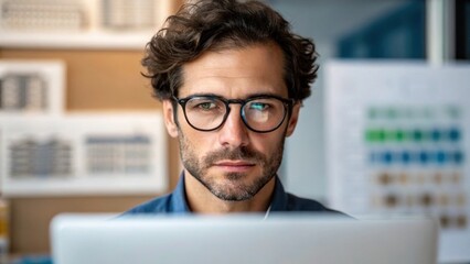 A medium closeup of a designers face intensely focused as they interact with augmented reality tools that overlay sustainable design options onto a physical building model.