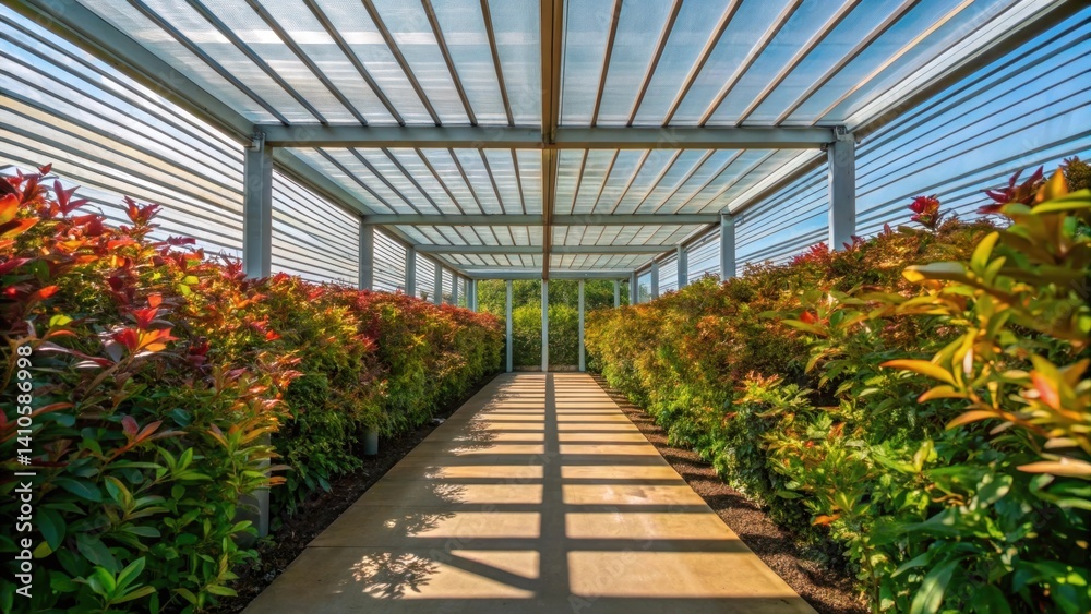Poster a medium closeup of a garden space under a transparent roof featuring vibrant foliage and the interp