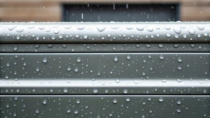 Fototapeta premium A medium closeup of a facade being tested under extreme weather conditions with droplets of rain pooling on the selfhealing layer showcasing water resistance and durability.