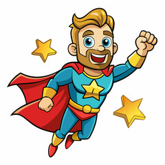 Cartoon superhero dad flying with cape and stars, perfect for Father's Day-themed digital artwork, gifts, and greeting designs.