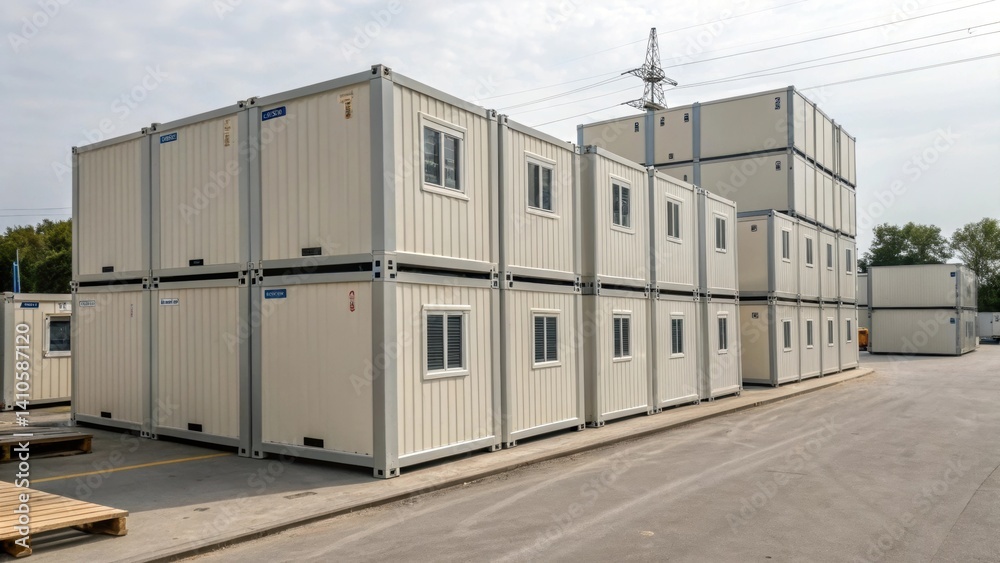 Poster a medium closeup of a group of prefabricated units stacked in a yard ready for transportation reveal