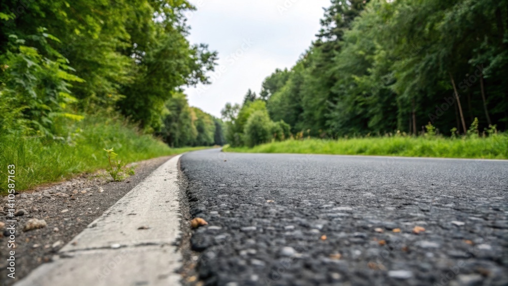 Poster a medium closeup of a finished road lined with greenery with close attention to the texture of the s