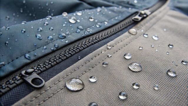 A medium closeup of a hightech outdoor gear fabric with a DWR Durable Water Repellent finish highlighting its water droplet beading off the surface.