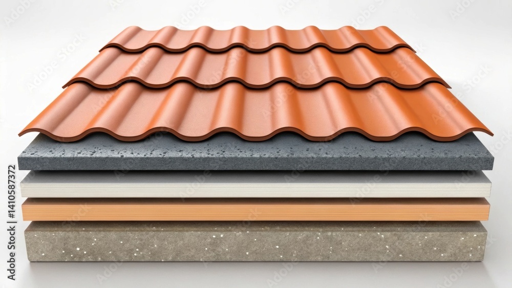 Poster A medium closeup of a multilayered fireproof roofing system displaying the various textures and materials from waterproof membranes to reflective top coats all engineered for