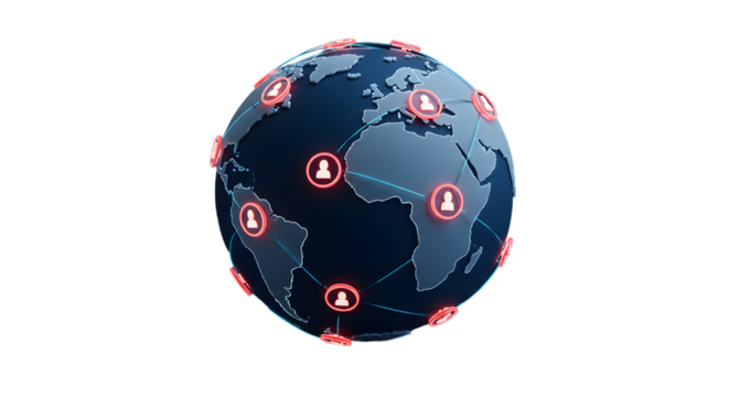 A globe with continents and red icons connected by lines against a black background in a digital display