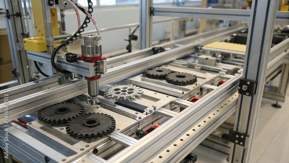 Aufkleber A medium closeup of an automated assembly platform with multiple scaffolding sections progressively stacked highlighting the mechanical synchronization of the process.