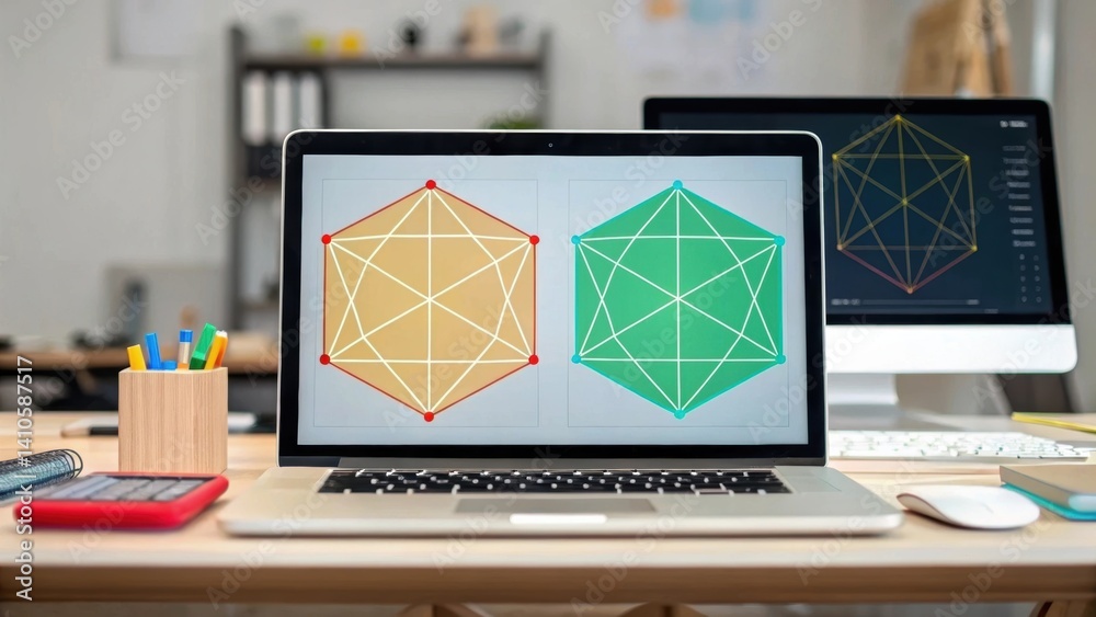 Poster A medium closeup of an augmented reality setup showing virtual geometric designs overlaying a workspace illustrating the integration of AI in spatial planning.