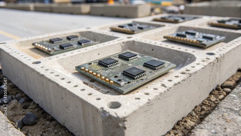Poster A medium closeup of an embedded array of sensors in a smart concrete core sample illustrating the organized layout of the technology within the dense composite material.