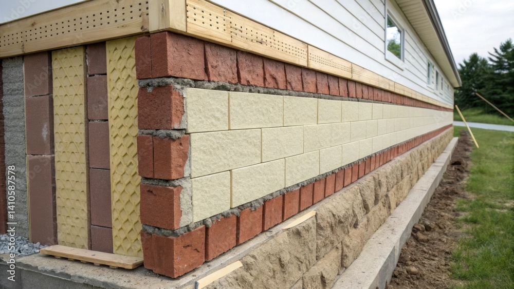 Poster a medium closeup of an energyefficient exterior wall section with embedded insulation material featu