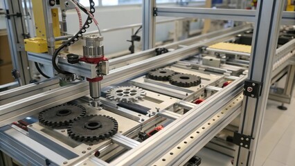 A medium closeup of an automated assembly platform with multiple scaffolding sections progressively stacked highlighting the mechanical synchronization of the process.