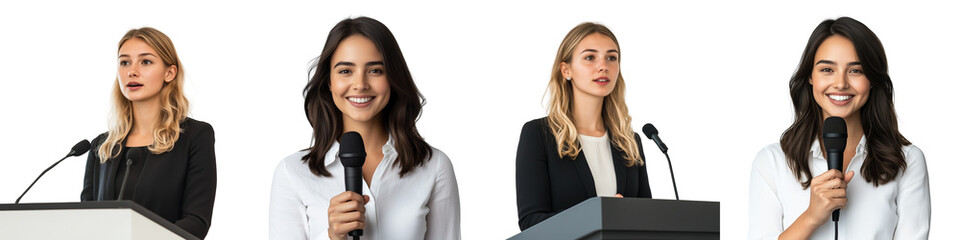 set of A girl leads with a confident smile and a microphone in her hand, a girl talks about leadership responsibilities with a smile, on a transparent backgrounds
