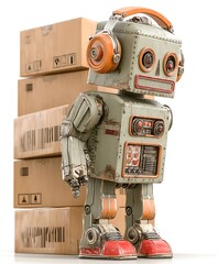 A metal robot is wearing headphones and stands beside a stack of boxes.