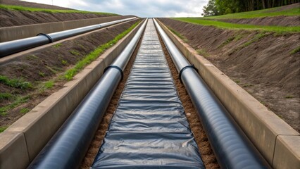 Fototapeta premium A medium closeup of an engineered drainage system integrated into a sloped landscape featuring pipes and filter fabrics designed to redirect water flow and reduce erosion risks.