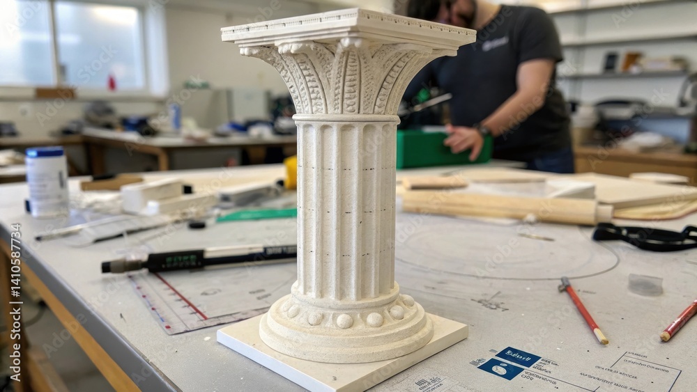 Aufkleber A medium closeup of an unfinished 3Dprinted column highlighting the layer lines and unique texture set against a blurred workshop environment featuring tools and design sketches.
