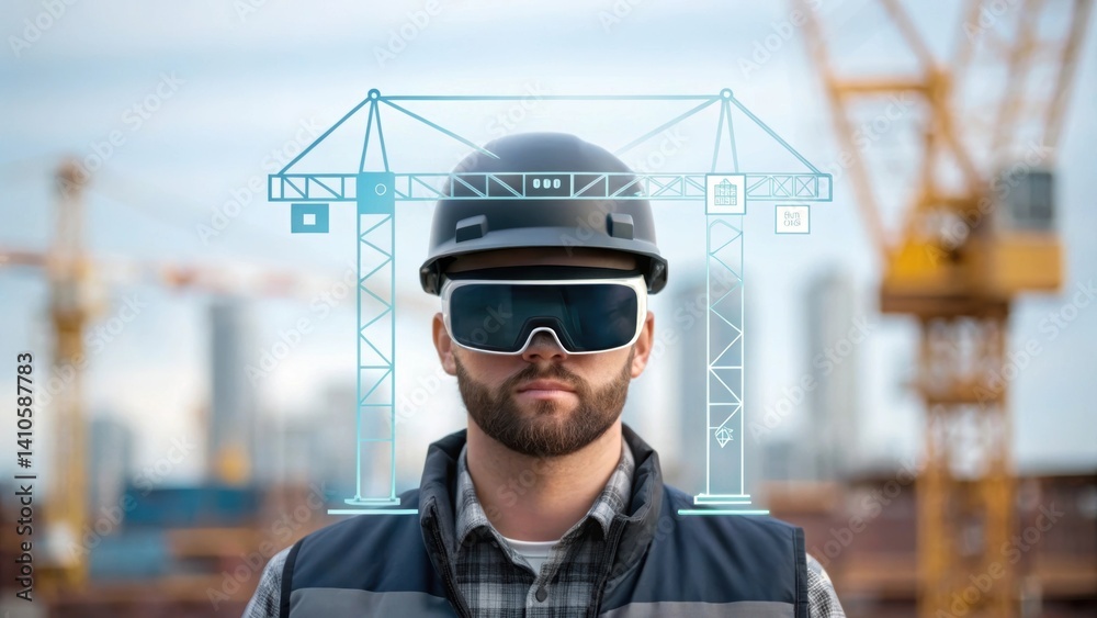Aufkleber A medium closeup of an operator wearing augmented reality glasses interacting with a 3D holographic interface that outlines crane movements and logistics.