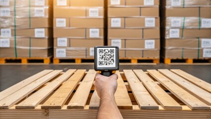 A medium closeup of an operators hand scanning a QR code on a wooden pallet with construction materials stacked neatly behind highlighting the process of inventory tracking.