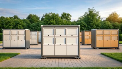 A medium closeup of an outdoor setting with multiple modular office units arranged in a creative layout demonstrating the versatility of their positioning on various terrains.