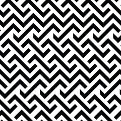 black and white seamless pattern, geometric, repeating pattern with a zigzag or angular maze-like appearance.