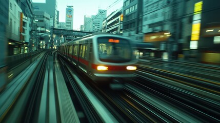 High-speed train in urban cityscape with motion blur at dusk