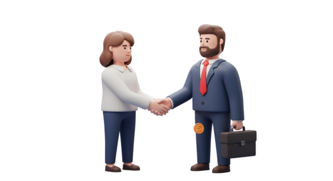 A cartoon man and woman in business attire shaking hands with a briefcase and coin on a black background
