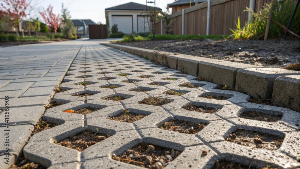 Poster a medium closeup of a permeable paving system illustrating the integration of porous materials that 