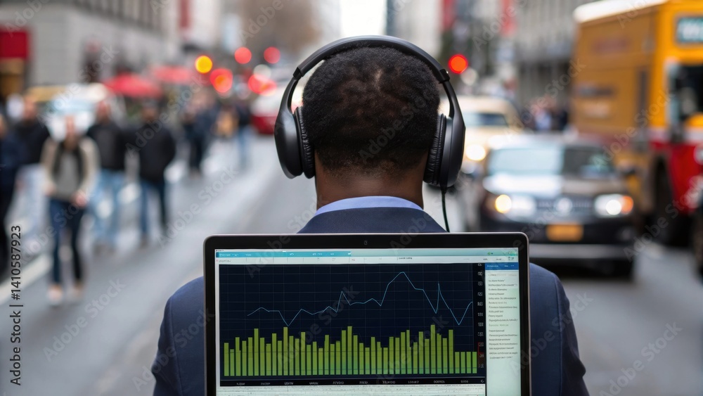 Poster A medium closeup of a professional wearing headphones engaged in analyzing acoustic data on a laptop with a detailed graph of noise reduction levels displayed on the screen and a
