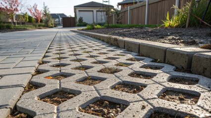 A medium closeup of a permeable paving system illustrating the integration of porous materials that allow water drainage while enhancing heat capture.