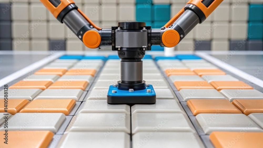 Poster a medium closeup of a robotic tile installer maneuvering around obstacles with attention on the arti