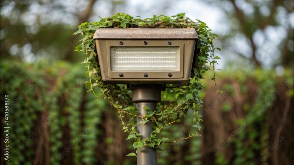 Poster A medium closeup of a rugged outdoor light fixture mounted on a pole with vines creeping around its base emphasizing the integration of technology and nature.