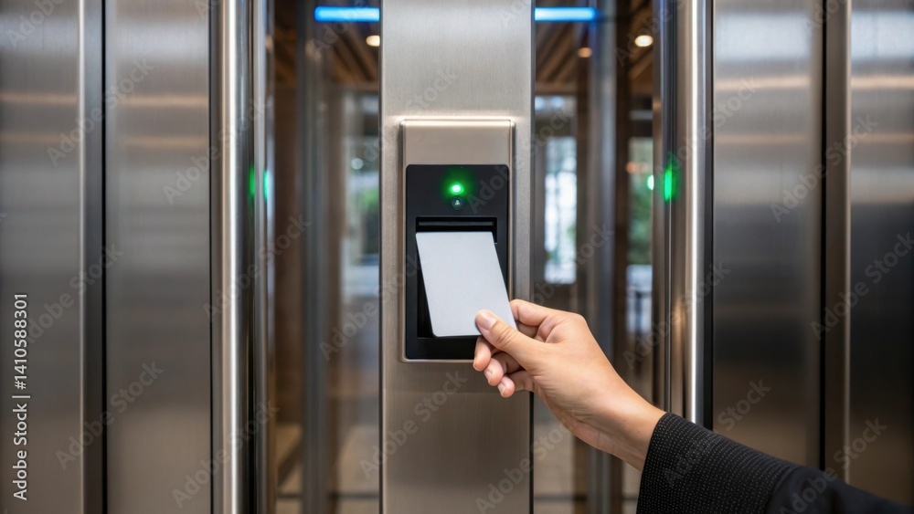 Poster A medium closeup of a sleek RFID card reader integrated into a modern entryway showing a person tapping a card to gain access with a notification light changing color upon