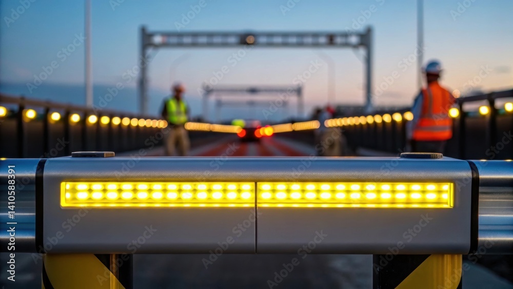 Poster a medium closeup of a solarpowered barrier during twilight with bright led lights illuminating its s