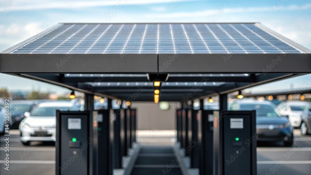 Poster a medium closeup of a solar panel roof atop a modular parking unit showcasing the energygenerating c