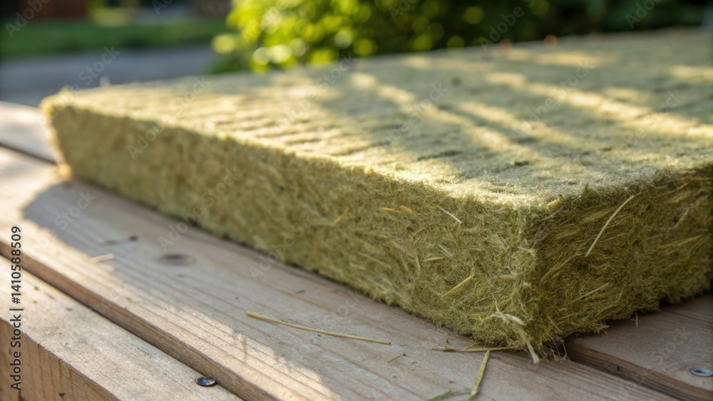 Poster a medium closeup of a sustainable hemp insulation panel highlighting the greenish hue and fibrous st
