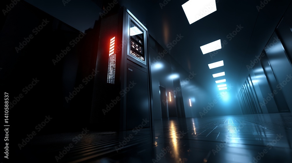 Poster a modern data center filled with rows of rack servers and supercomputers, representing cutting-edge 