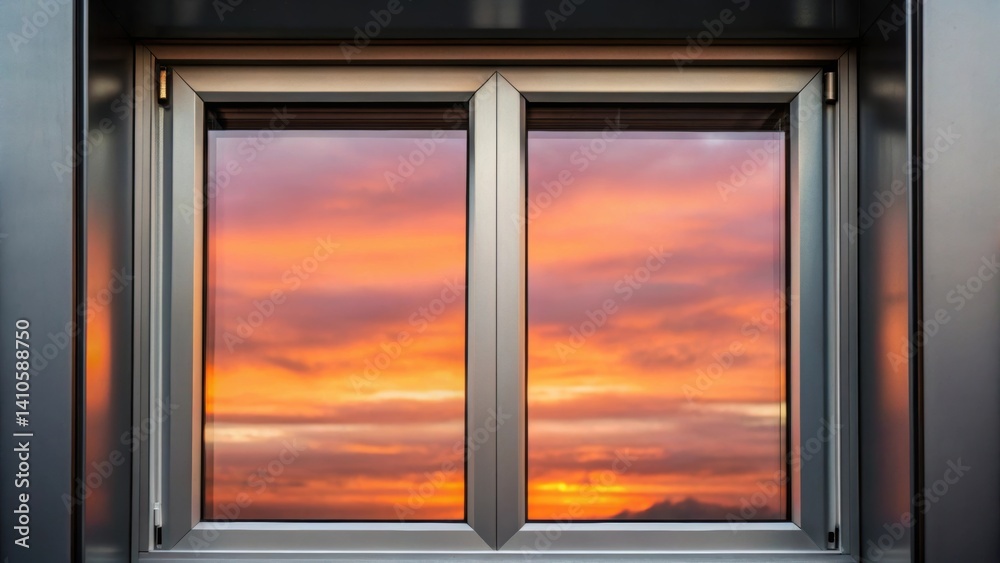 Poster a medium closeup of a transparent aluminum window in a dramatic sunset capturing the interplay of co