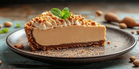 Creamy pie slice with a crumbly crust and mint garnish served on a black plate