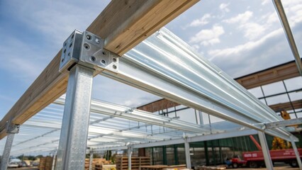Fototapeta premium A medium closeup of a transparent aluminum beam employed in a construction project demonstrating its ability to support weight while maintaining an open airy feel in the structure.