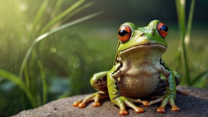 Fototapeta premium Green Tree Frog on Stone, Nature, Sunlight, Wildlife, Still Life