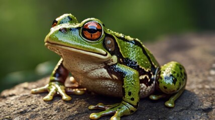 Fototapeta premium Close-up of a green frog on a rock. Possible use Nature, wildlife, education
