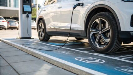 A medium closeup of a vehicles undercarriage hovering over a charging lane emphasizing the interaction with the embedded systems while maintaining the vehicles sleek design