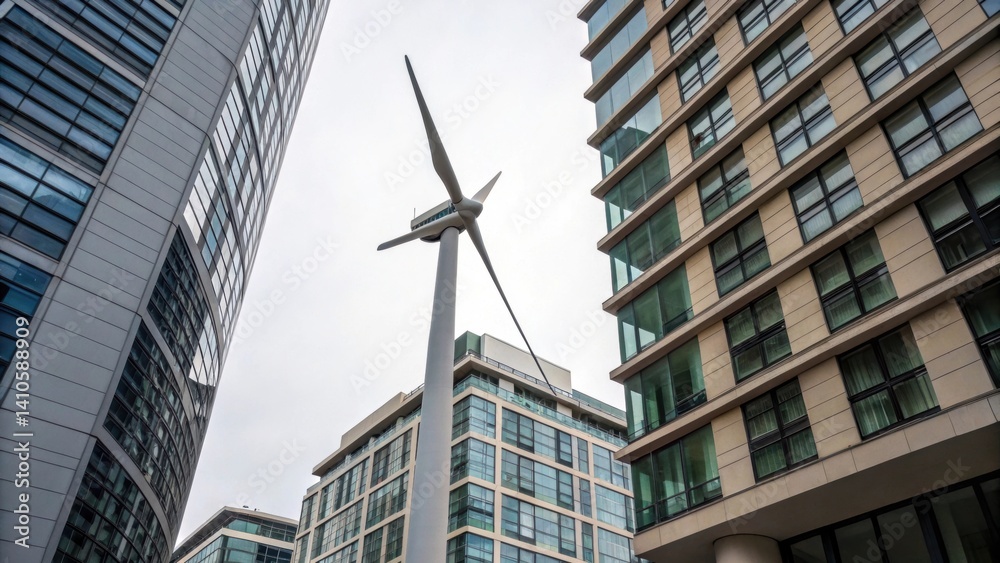 Poster a medium closeup of a wind turbine located between two urban apartments focusing on how its sleek de