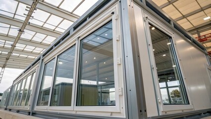 A medium closeup of a window installation in a modular structure capturing the integration of energyefficient glass and the surrounding framework.