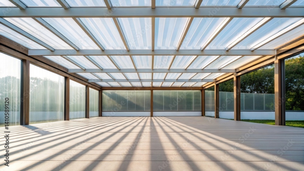 Poster a medium closeup of a workspace or gathering area beneath a transparent roof highlighting the bright