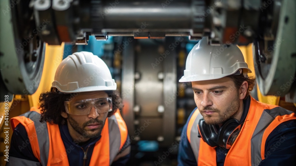 Poster A medium closeup of maintenance technicians inspecting a tunnel boring robots mechanical joints ensuring its operating at optimal efficiency.