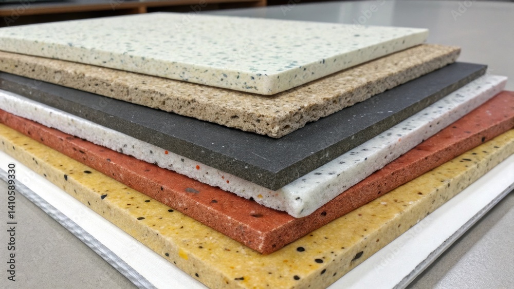 Aufkleber A medium closeup of multiple composite samples stacked together emphasizing their lightweight nature as they easily balance atop one another with diverse colors indicating various