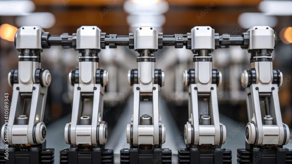 Aufkleber A medium closeup of multiple robotic units assembling a complex facade highlighting the precise movements of their articulating limbs as they fit pieces together seamlessly.