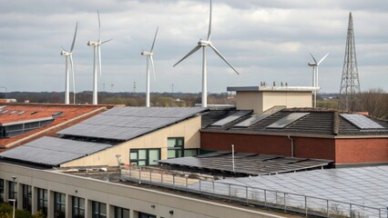 Obraz premium A medium closeup of multiple wind turbines mounted on a commercial buildings roof contrasting traditional roof structures with innovative renewable energy technology.