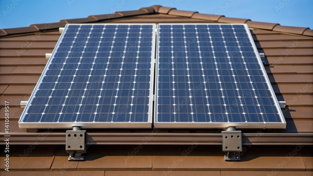 Poster a medium closeup of solar panels mounted on the roof angled for maximum sun exposure while demonstra